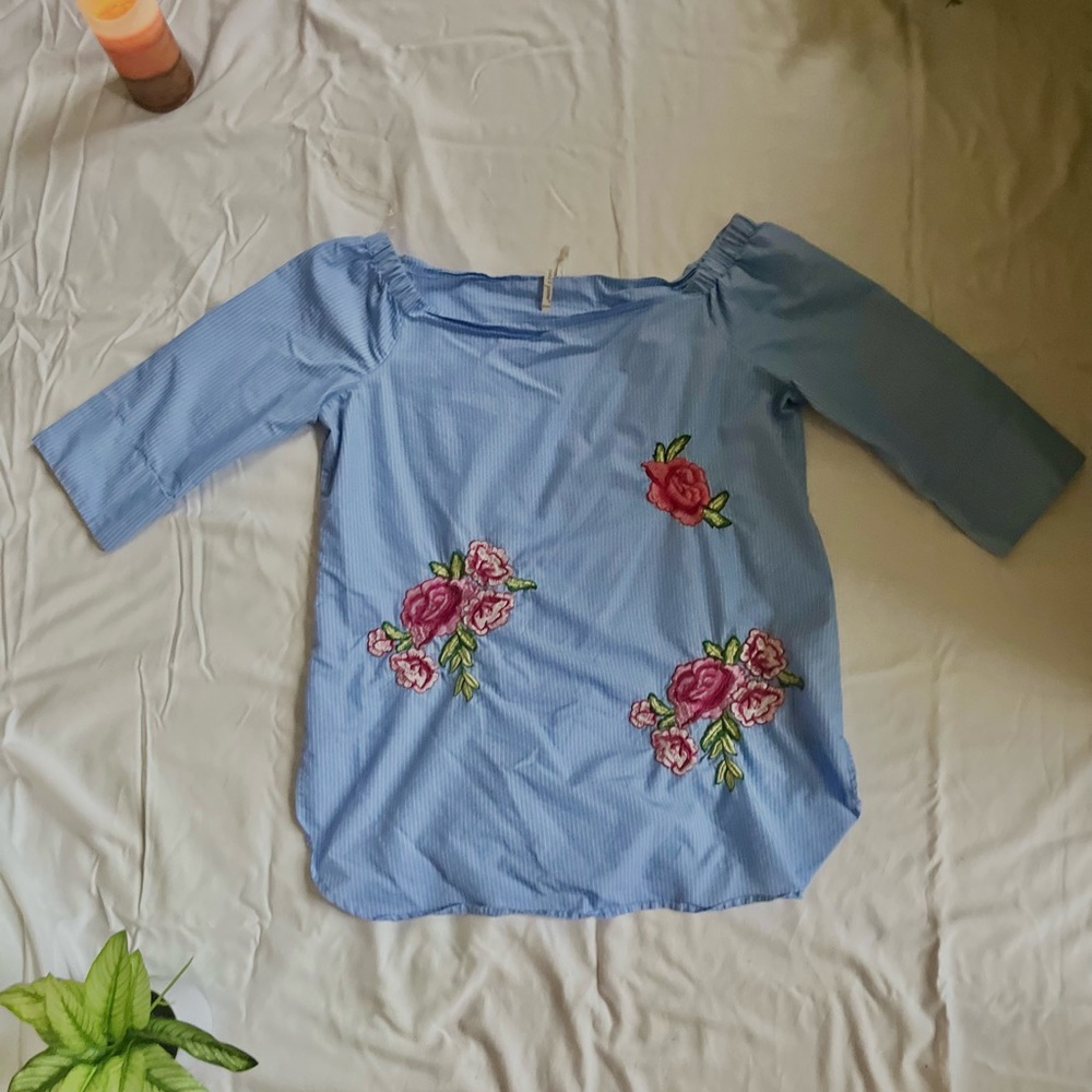 Off the Shoulder Blue and White striped shirt